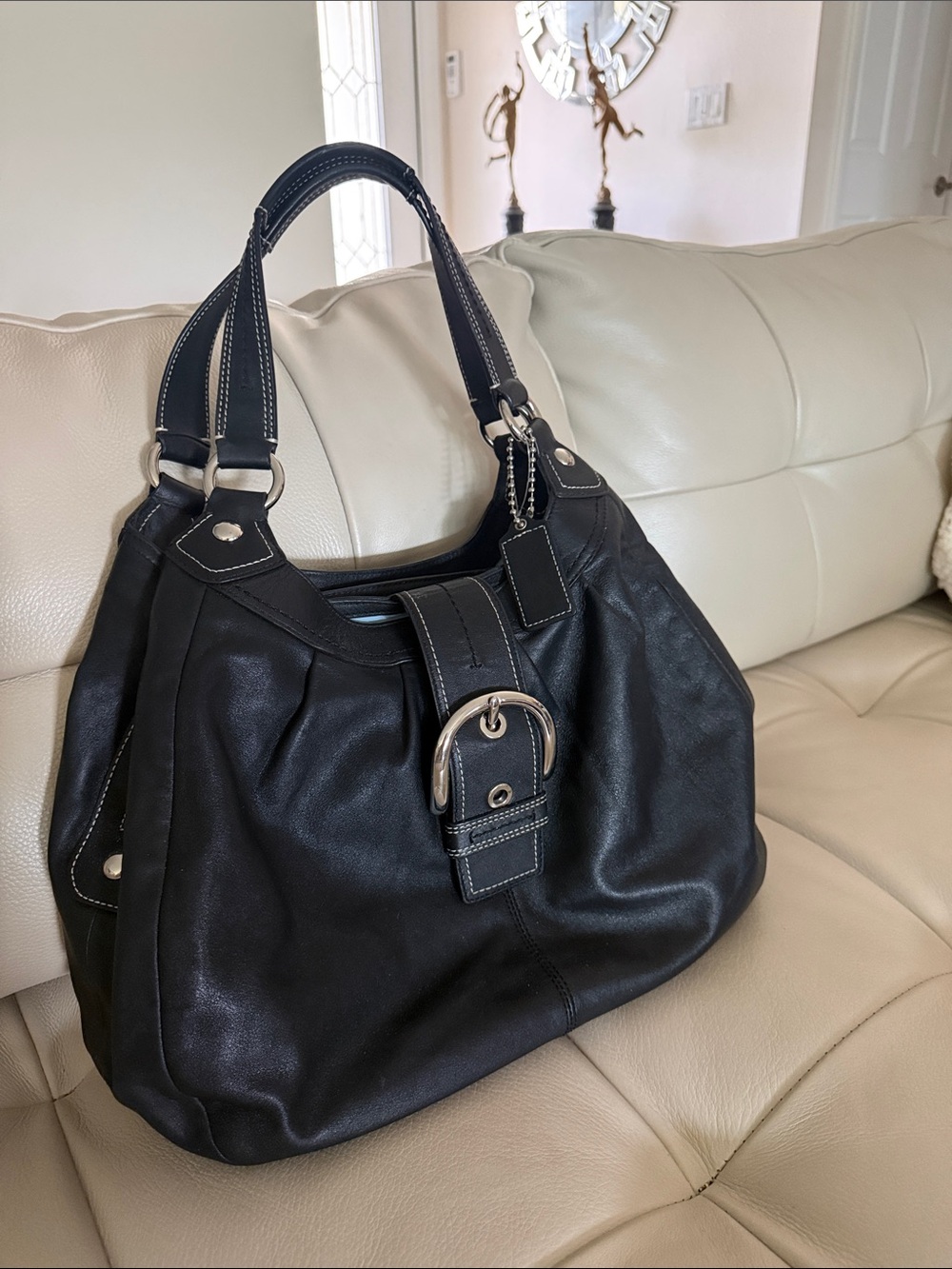 Coach Black Leather Shoulder Bag with Buckle Accent